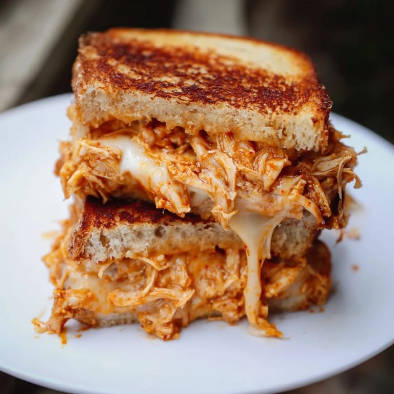 Toasted sourdough sandwich featuring the delicious flavors of Chili Crisp Honey Chicken Grilled Cheese.