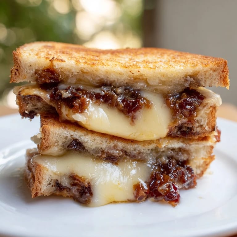 Mouthwatering Bacon Jam Grilled Cheese features crispy bacon, sharp cheddar, and gooey Gruyère between toasted bread.