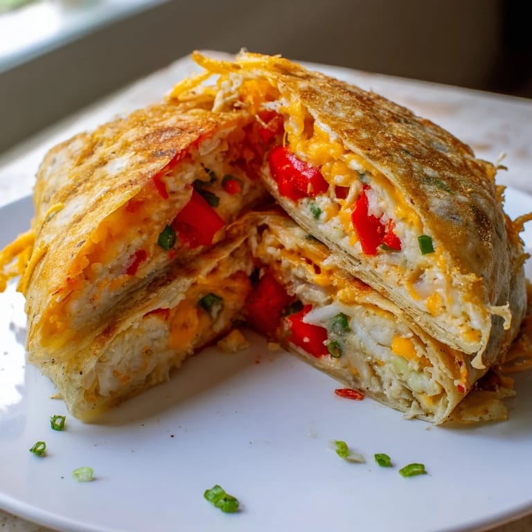 Freshly made Rice Paper Egg Cheese Wrap sliced in half, showcasing layers of egg and cheese.