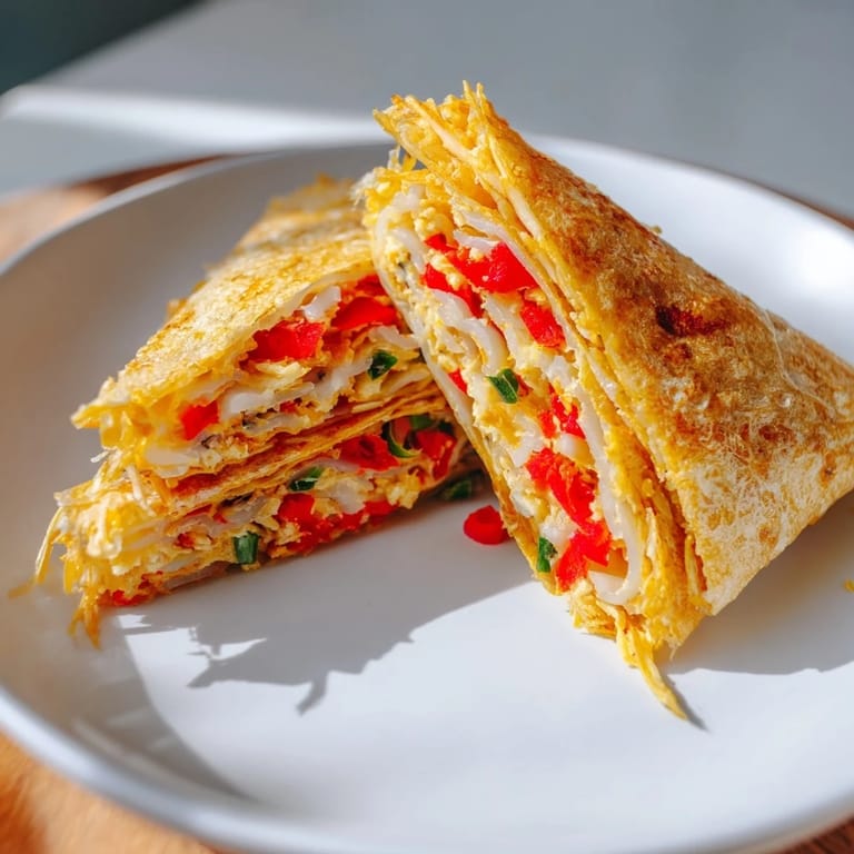 Enjoy a quick, easy breakfast: a warm and delicious Rice Paper Egg Cheese Wrap with flaky edges.