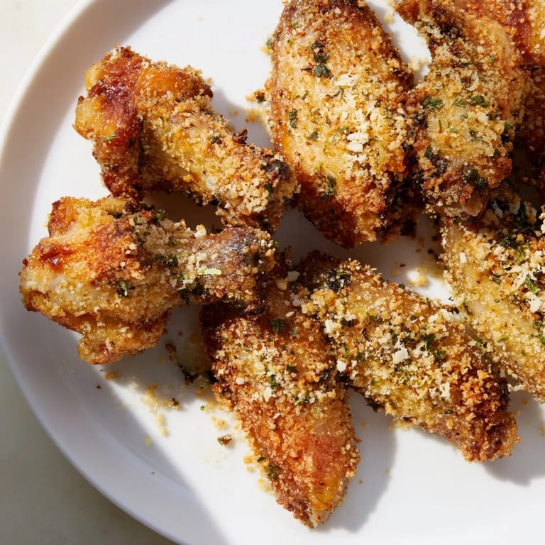 A close-up of delicious baked Parmesan chicken wings with a crispy, herb-infused coating.