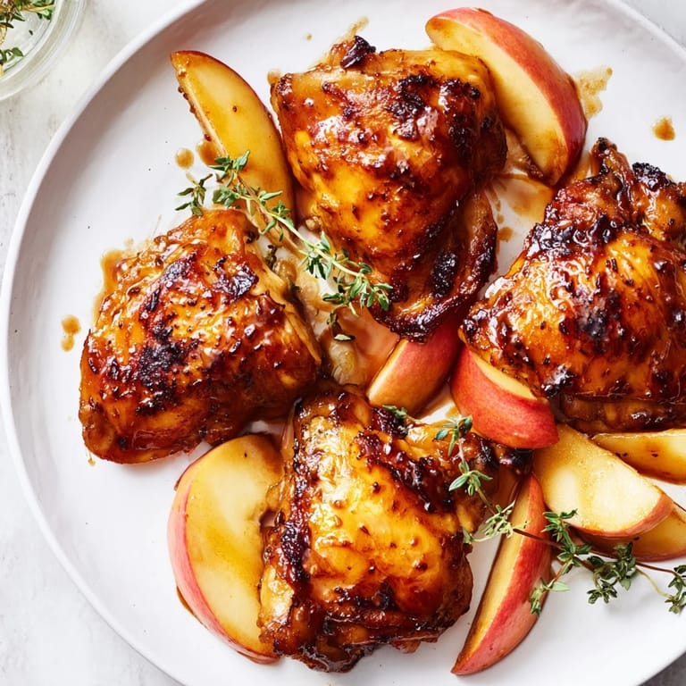 Skin-on chicken thighs baking, coated in a sticky maple-apple glaze; this is Sticky Maple Apple Chicken.