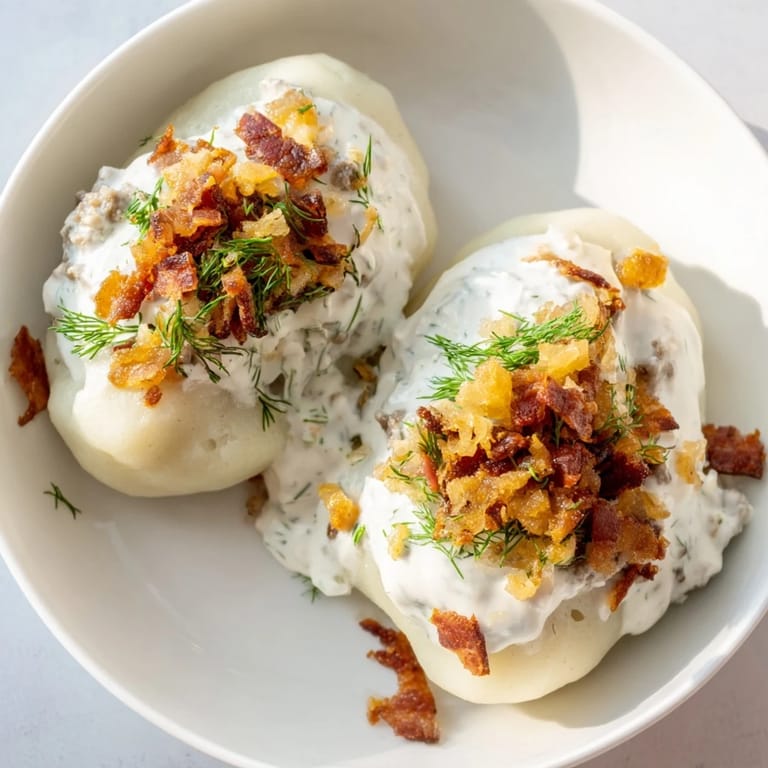 Golden-brown Lithuanian Cepelinai, cooked to perfection, are smothered in a rich, flavorful sour cream and bacon.