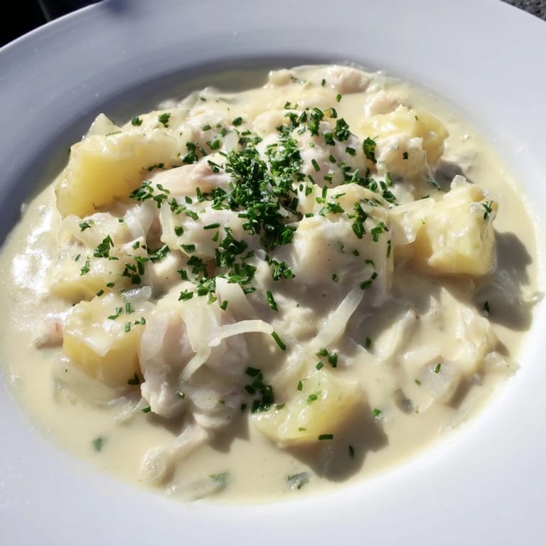 Steaming bowl of Icelandic Fish Stew, featuring tender fish and soft potatoes, ready to warm you.
