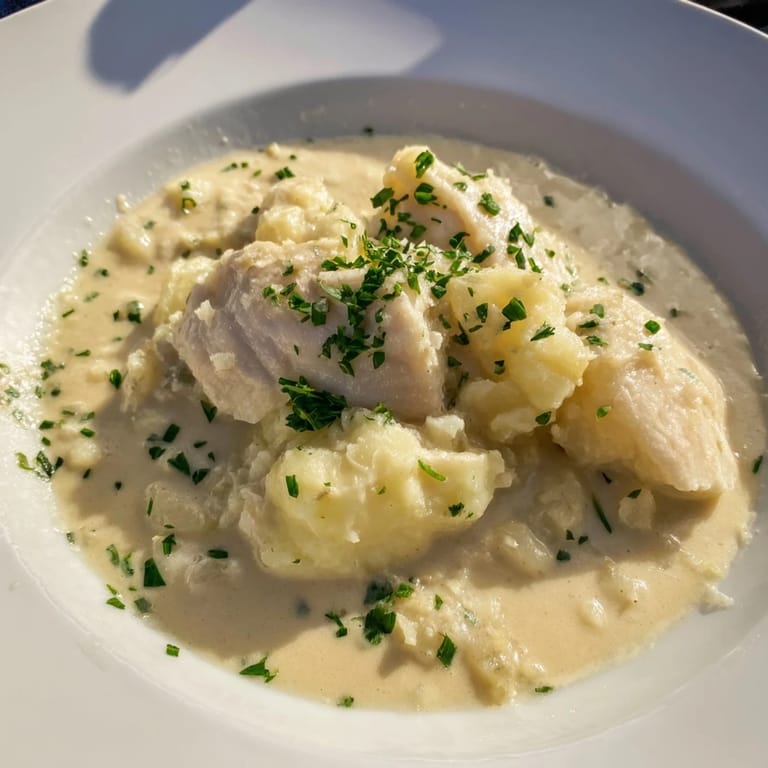 Close-up of a flavorful Icelandic Fish Stew, garnished with fresh herbs and perfect for a chilly evening.