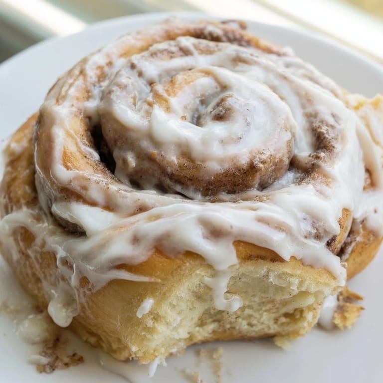One Pillow Soft Cinnamon Roll with a gooey cinnamon-sugar swirl on a plate, perfect with a hot cup of morning coffee.