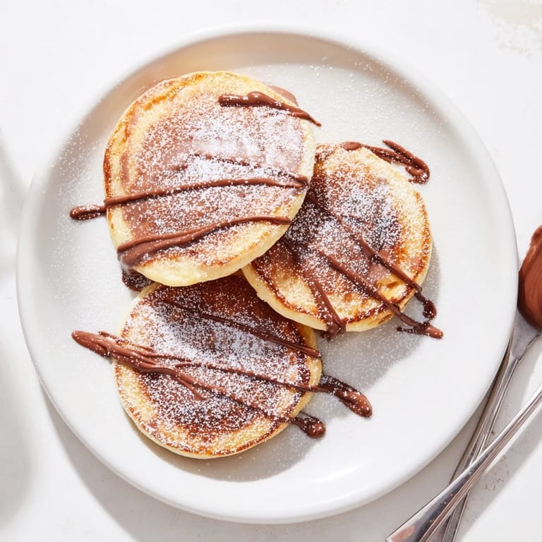 Stack of fluffy pancakes with gooey Nutella melting out between layers, perfect for a decadent breakfast or brunch.  