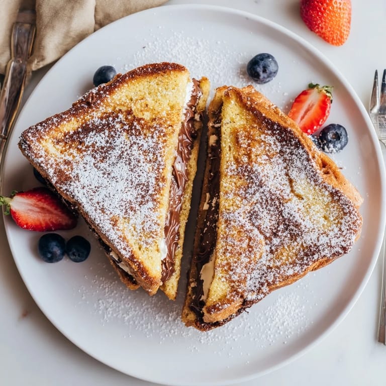 A close-up of Nutella Brioche French Toast with a drizzle of maple syrup and melted chocolate.