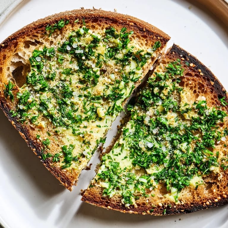 Rustic Herb Butter Toast is served warm, perfect for a snack or alongside a bowl of soup.