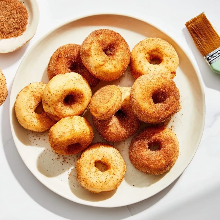 Freshly air-fried Air Fryer Cinnamon Sugar Donuts piled on a plate for a sweet dessert snack.