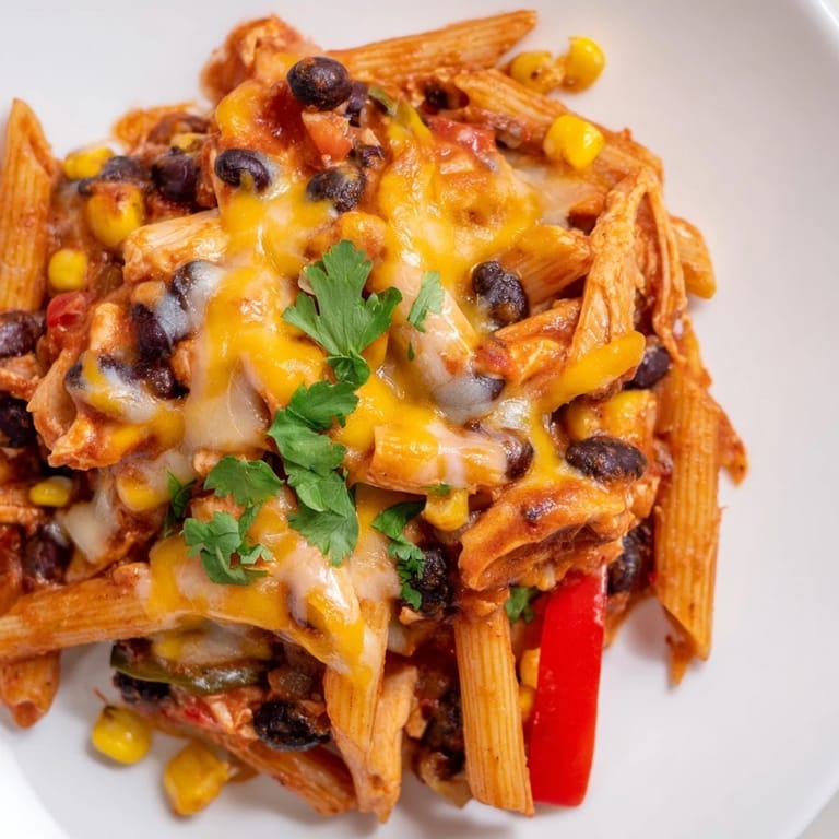 A close-up view of Chicken Enchilada Pasta, highlighting shredded chicken, diced bell peppers, and Monterey Jack cheese melted over penne.