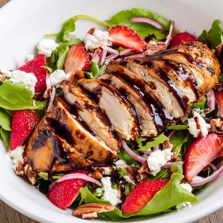 A plated honey balsamic chicken salad with red onion and pecans, showcasing tender grilled slices and fresh berries.