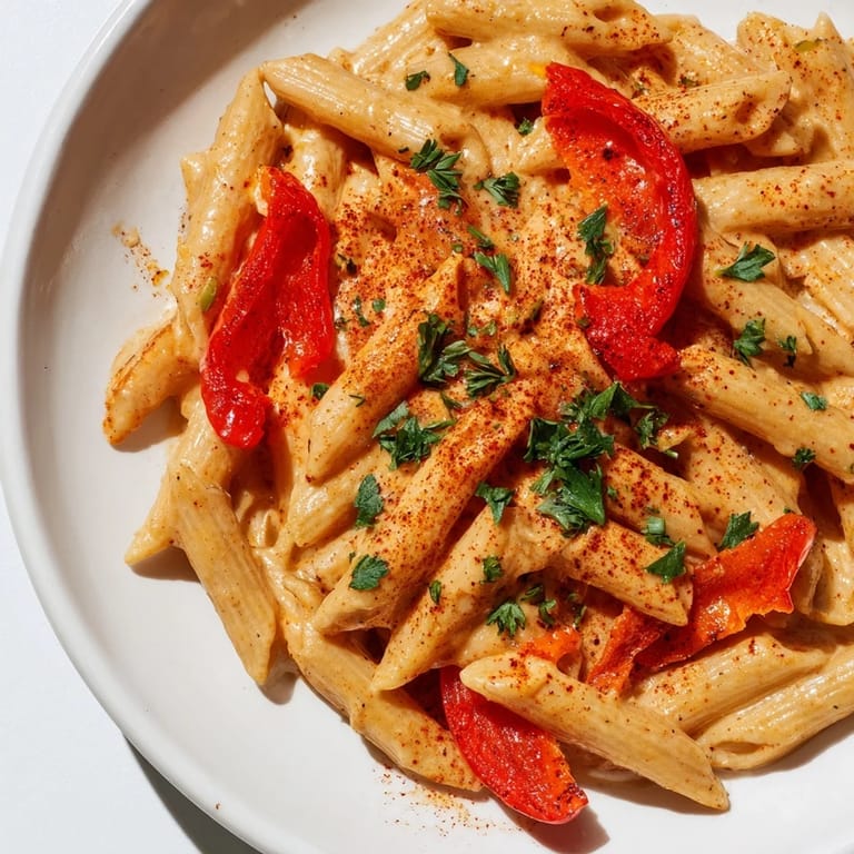 Close-up of Creamy Cajun Pasta featuring perfectly cooked pasta noodles coated in a bold, Cajun-spiced sauce with sweet roasted bell peppers.