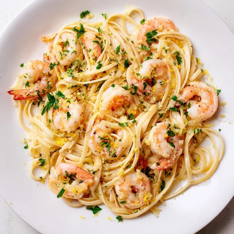 Garlic Butter Shrimp Linguine served hot in a white bowl, garnished with chopped parsley and optional Parmesan.