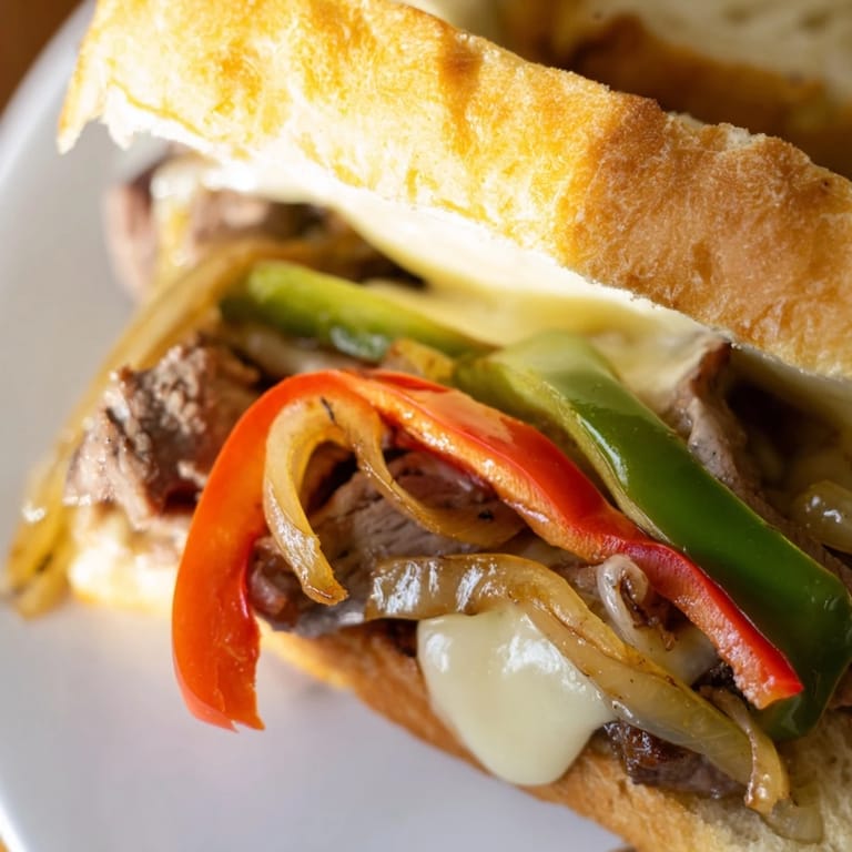 A close-up of a Philly Cheesesteak Grilled Cheese, revealing juicy steak strips and gooey cheese between buttery sourdough.