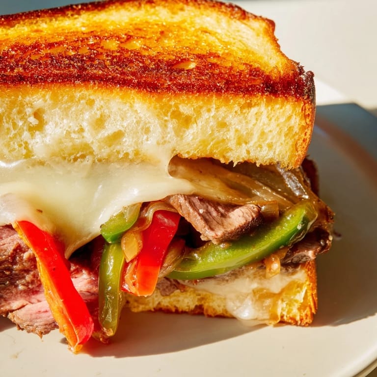 Two halves of a warm Philly Cheesesteak Grilled Cheese, served with crispy fries and a side of pickles.