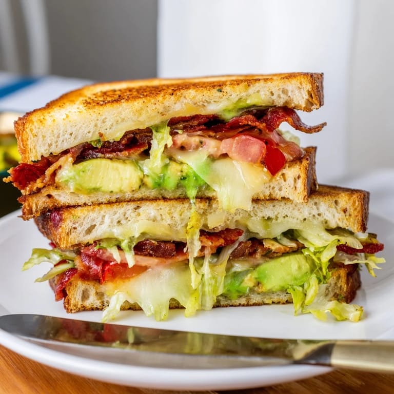 A toasted Avocado BLT Grilled Cheese rests beside potato chips and a pickle spear on a rustic wooden table for serving.