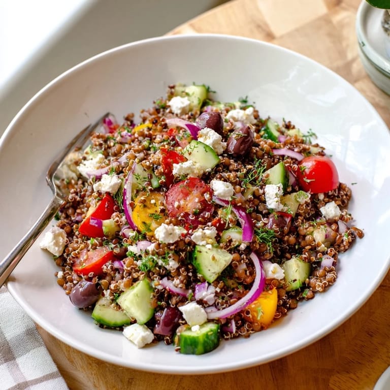 Close-up view of Greek Power Salad featuring fresh vegetables, Kalamata olives, and protein-packed grains, ready to serve.