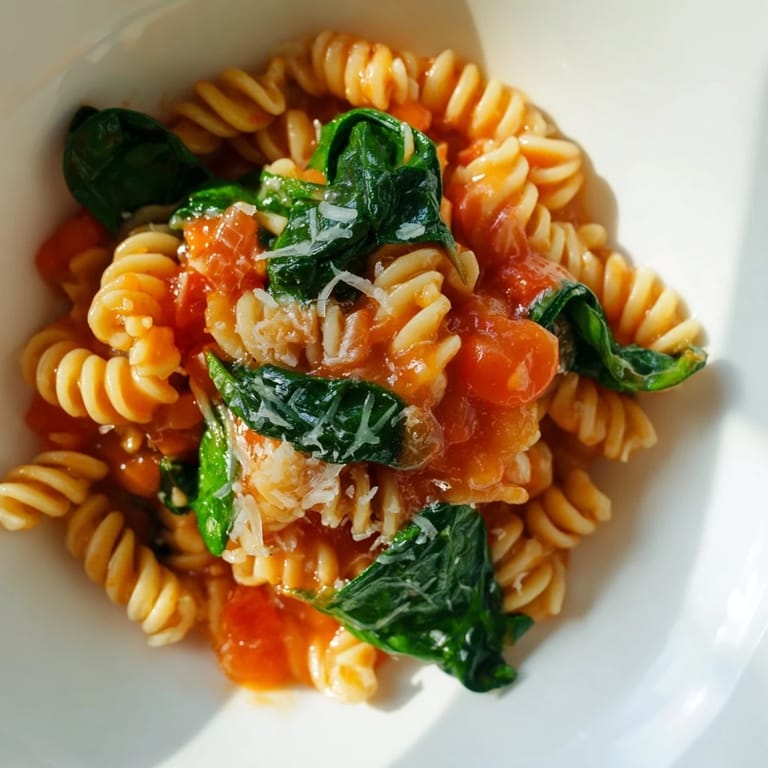 Freshly cooked Tomato Spinach One-Pot Rotini served in a rustic bowl, garnished with grated Parmesan cheese.  