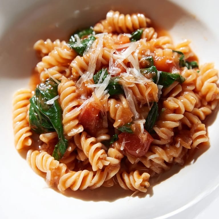 Hearty Tomato Spinach One-Pot Rotini with tender pasta, vibrant greens, and rich tomato broth in a pot.
