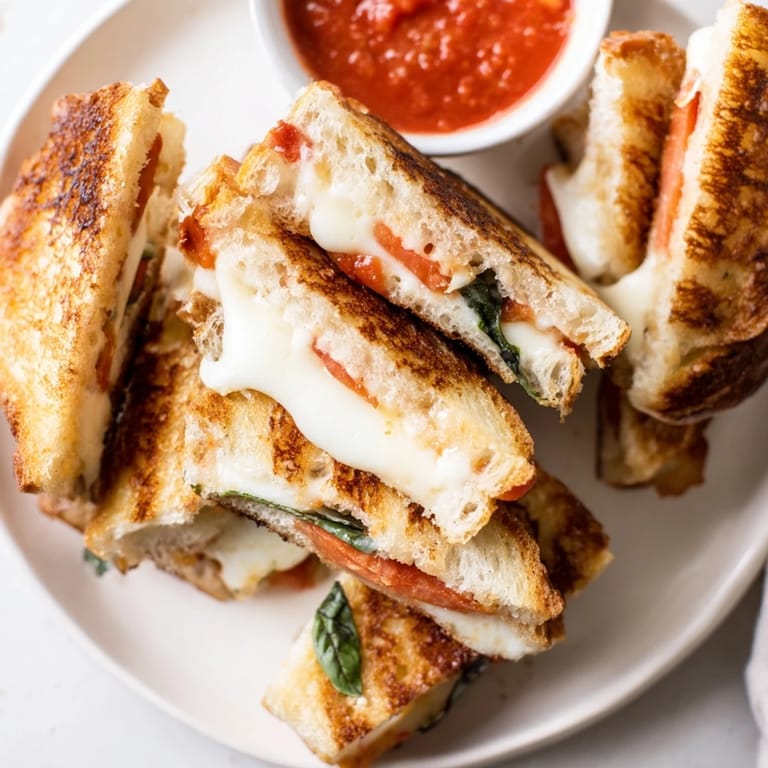 Sliced Caprese Grilled Cheese Dippers arranged beside a bowl of warm, tangy marinara sauce for appetizers.