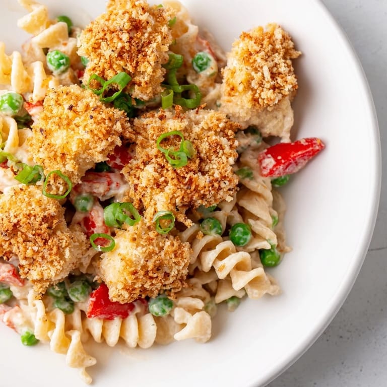 Homemade crispy chicken ranch pasta salad with tender pasta, sweet peas, and diced red peppers, featuring golden-brown chicken chunks for a satisfying lunch.