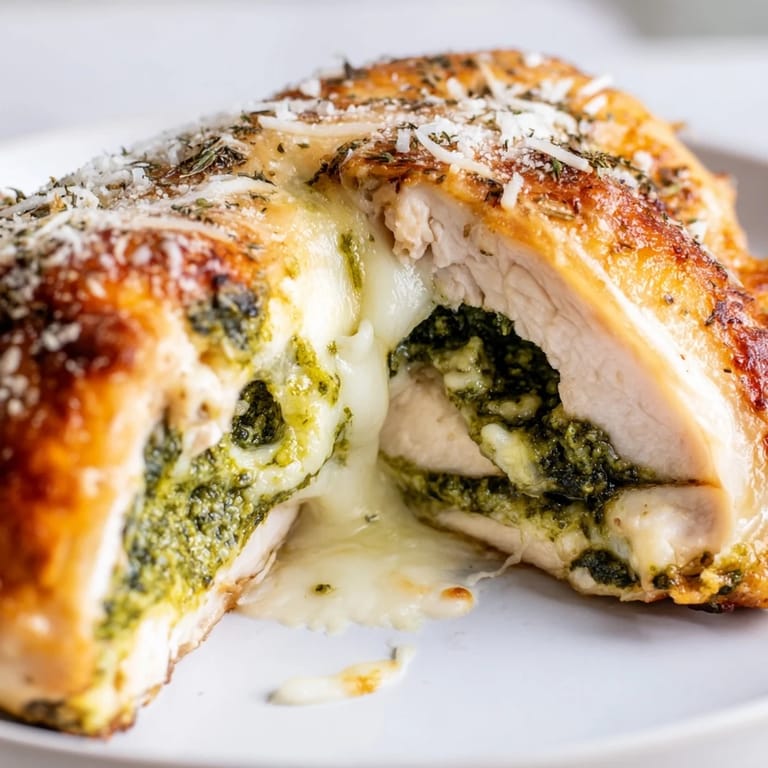 Sliced Mozzarella & Pesto Stuffed Chicken revealing a juicy, cheesy center for an easy Italian dinner.