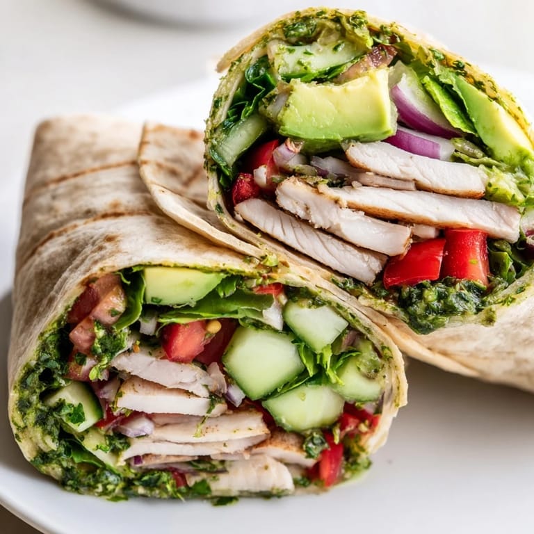 Freshly sliced chicken with vibrant green herbs, tomato, cucumber, and avocado tucked into a warm wrap.
