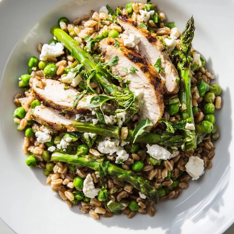 A close-up of the Warm Spring Farro Chicken Salad, highlighting crumbled feta, fresh peas, and herbs over a hearty, protein-packed grain bowl.