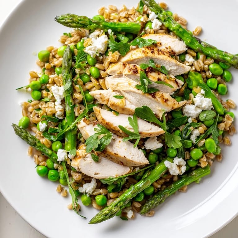 Vibrant spring vegetables and juicy chicken breast on a bed of warm farro, drizzled with a bright lemon-herb dressing for a light meal.