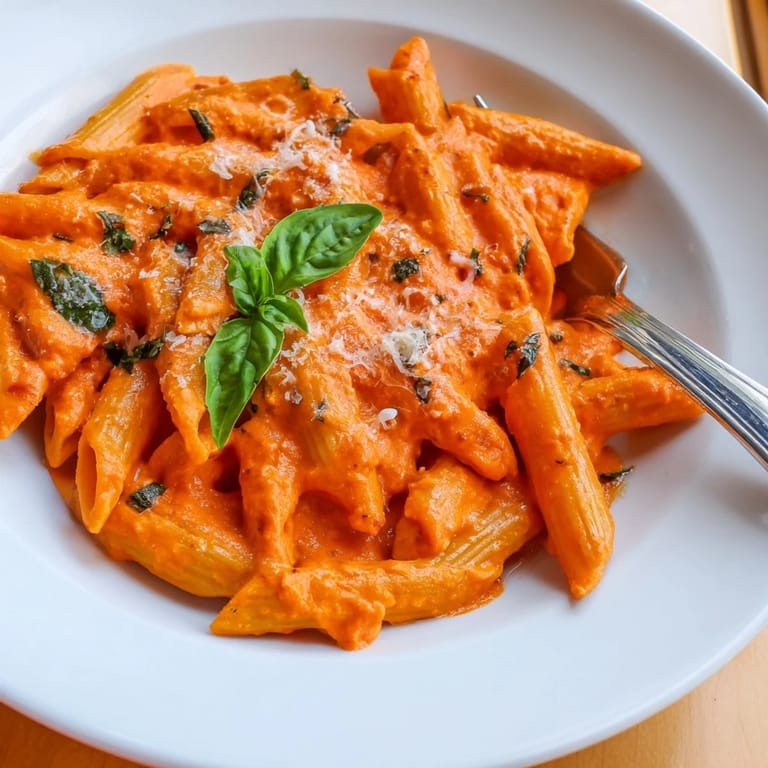 A skillet of Creamy Roasted Red Pepper Pasta, featuring velvety orange sauce clinging to penne, alongside a glass of crisp white wine.
