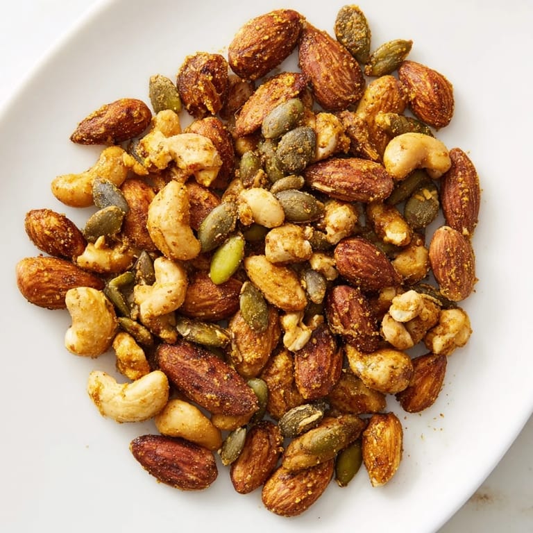 Freshly baked Spiced Nuts and Seeds Mix cooling on a baking sheet, emitting a warm, aromatic scent of cinnamon and cumin.