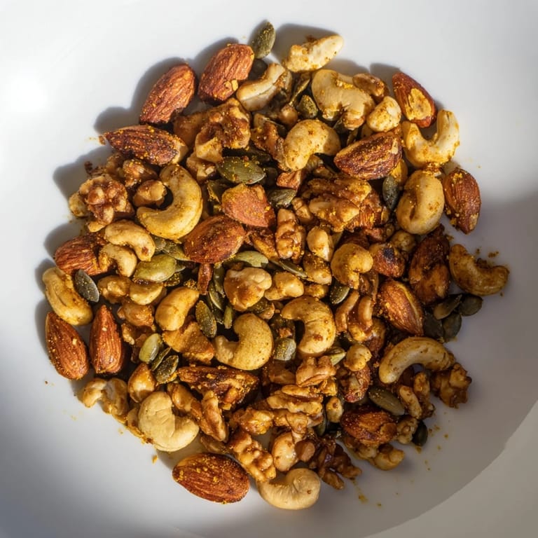 A healthy scoop of Spiced Nuts and Seeds Mix served in a rustic ceramic bowl, perfect for snacking or topping salads.