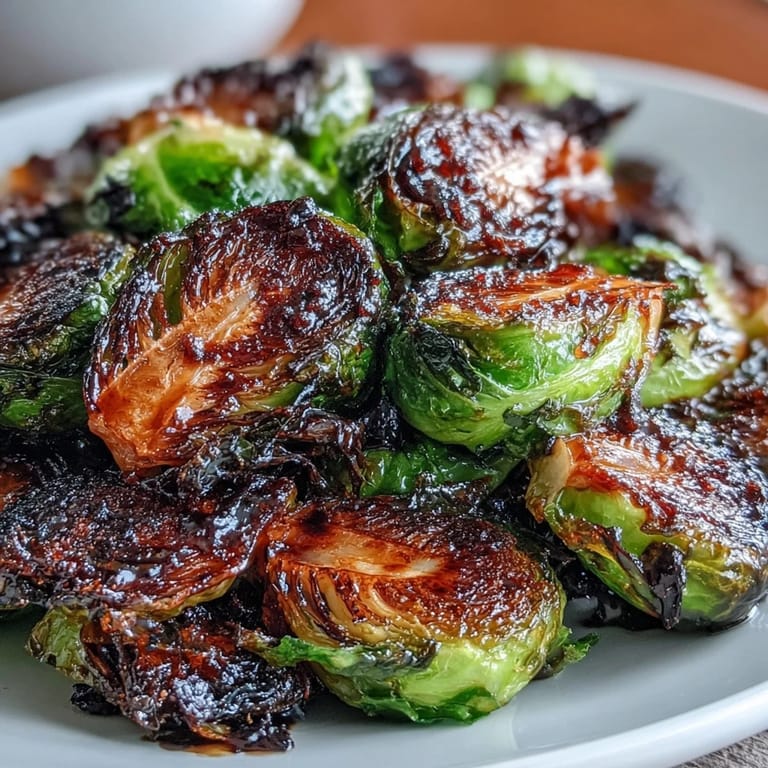 Freshly roasted Brussels sprouts topped with a drizzle of tangy balsamic reduction for a perfect vegetarian side.