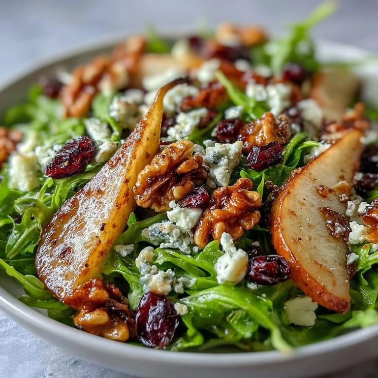 Tangy Pear Gorgonzola Salad featuring sliced pears, creamy cheese, and crunchy nuts.