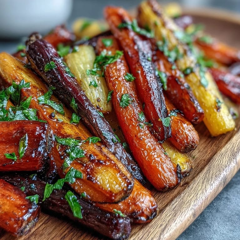 Golden roasted rainbow carrots sit beside smooth, homemade hummus on a plate.