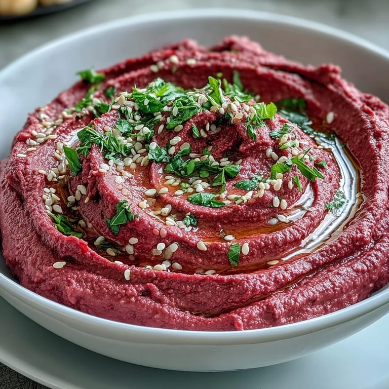 Creamy, earthy roasted beet hummus ready for dipping with pita or veggies.