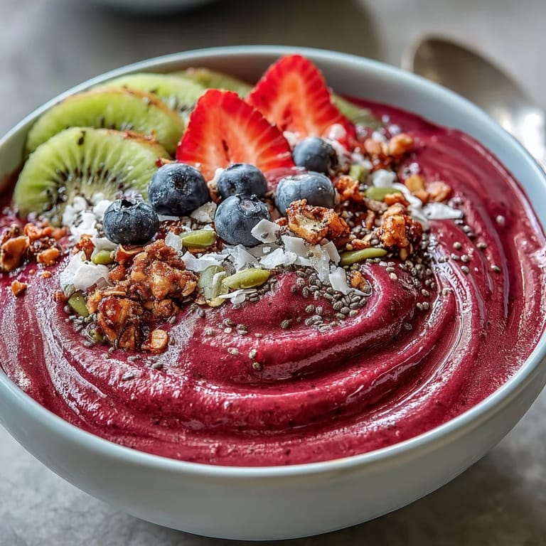 Creamy Beet and Berry Smoothie Bowl, a healthy breakfast bursting with berry flavors.