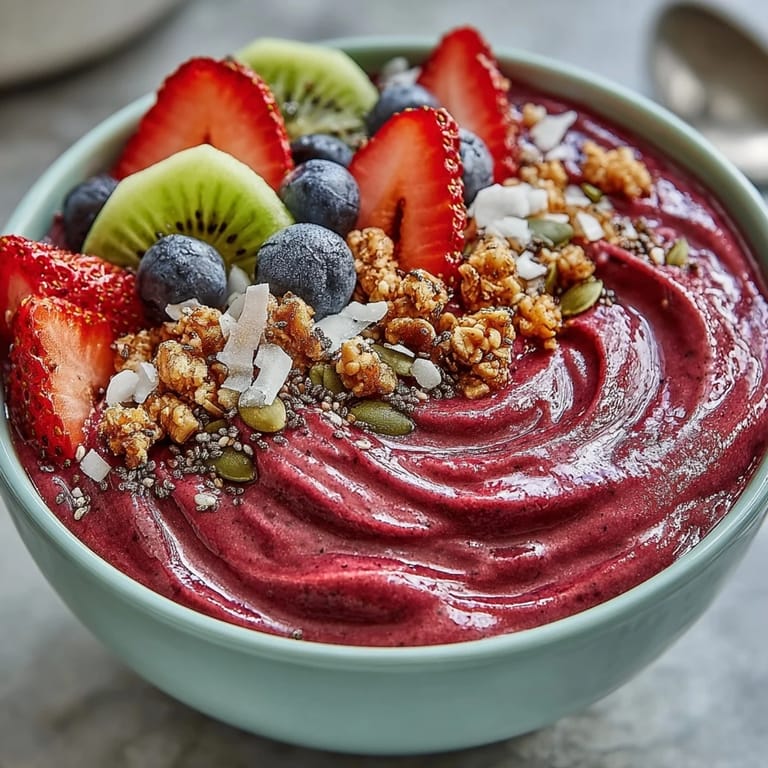 Energizing Beet and Berry Smoothie Bowl pictured with colorful fruit and seeds.