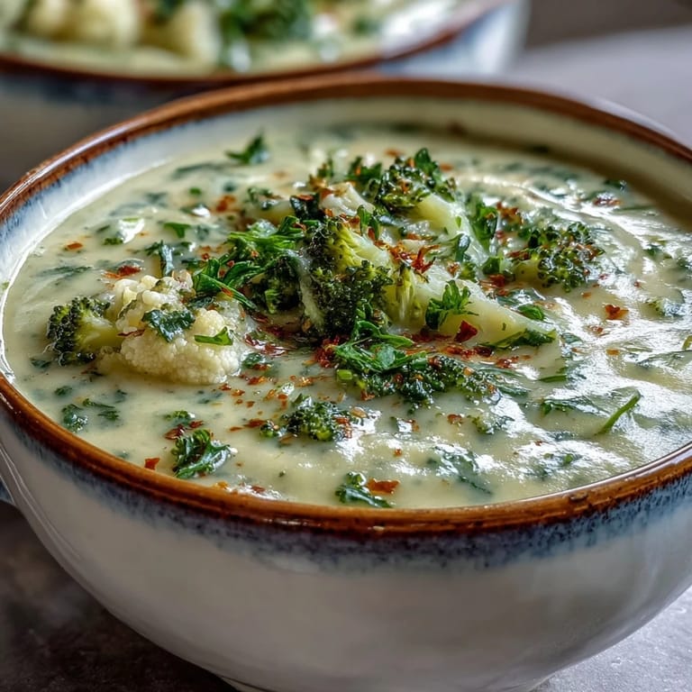 Close-up of Creamy Vegetable Soup in a rustic bowl, garnished with fresh parsley and a side of crusty bread.