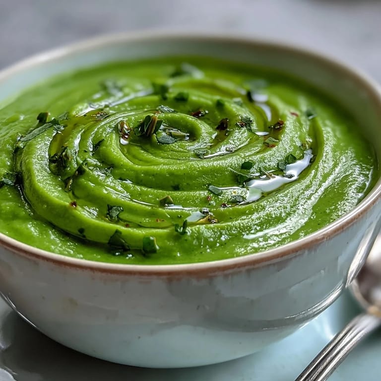 Freshly blended Big Green Immunity-Boosting Vegetable Soup served in a rustic white bowl, topped with a lemon wedge and a drizzle of olive oil.