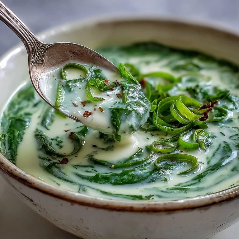Overhead view of vibrant green Spinach Coriander Lemongrass Soup, showing its creamy texture in a rustic soup pot.
