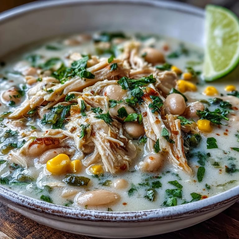 A creamy pot of White Chicken Chili with tender shredded chicken and white beans.