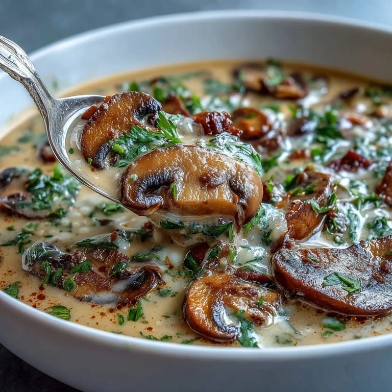 A ladle pouring Creamy Mushroom Stroganoff Soup into a ceramic bowl, revealing golden mushroom slices and fresh herbs in the velvety broth.