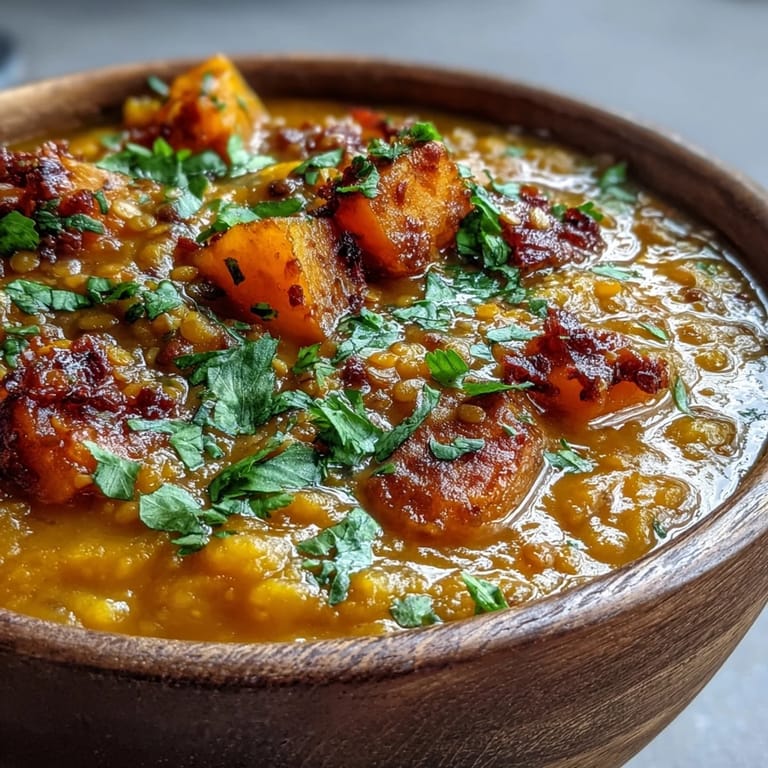 A warm bowl of Butternut Squash and Lentil Soup topped with cilantro and a swirl of cream.