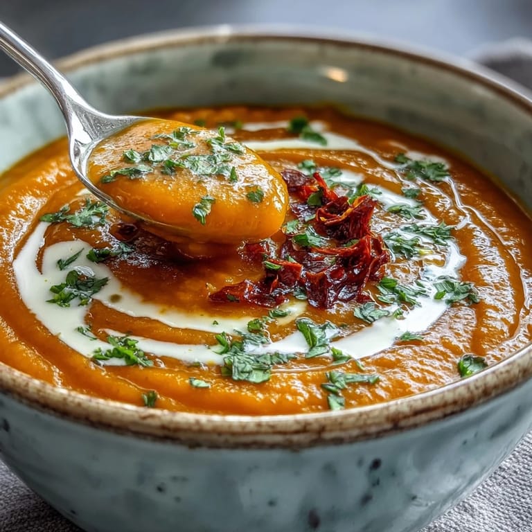 Warming Carrot, Celeriac and Chilli Soup ladle-ready with bright orange puree and a drizzle of olive oil.