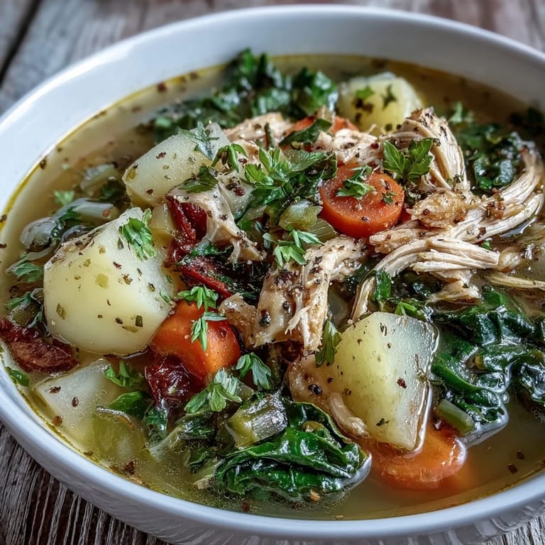 Top-down view of a hearty Collard Greens, Chicken and Vegetable Soup served in a speckled ceramic bowl, garnished with fresh thyme and black pepper.