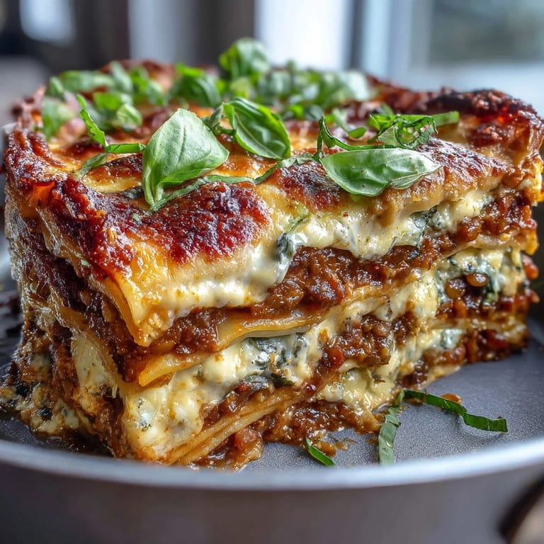 Smoky One-Pan Smoky Veggie Lentil Lasagne served with a crisp green salad and crusty bread.