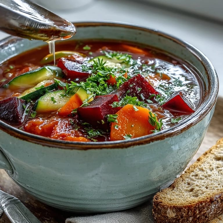 Garnished bowl of Rainbow Vegetable Detox Soup served with fresh parsley and a slice of bread.