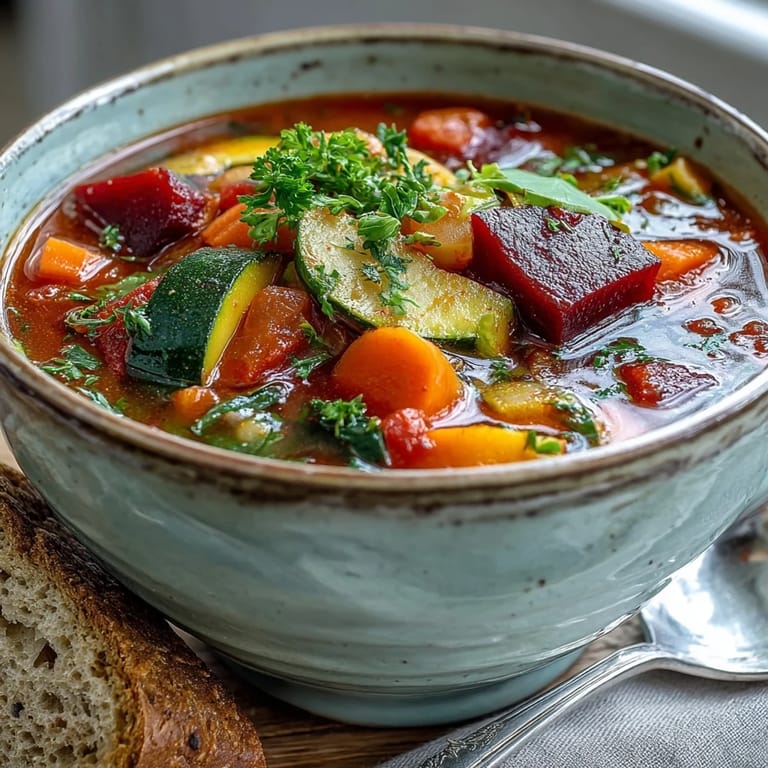 Colorful pot of Rainbow Vegetable Detox Soup simmering with fresh tomatoes and green peppers. 